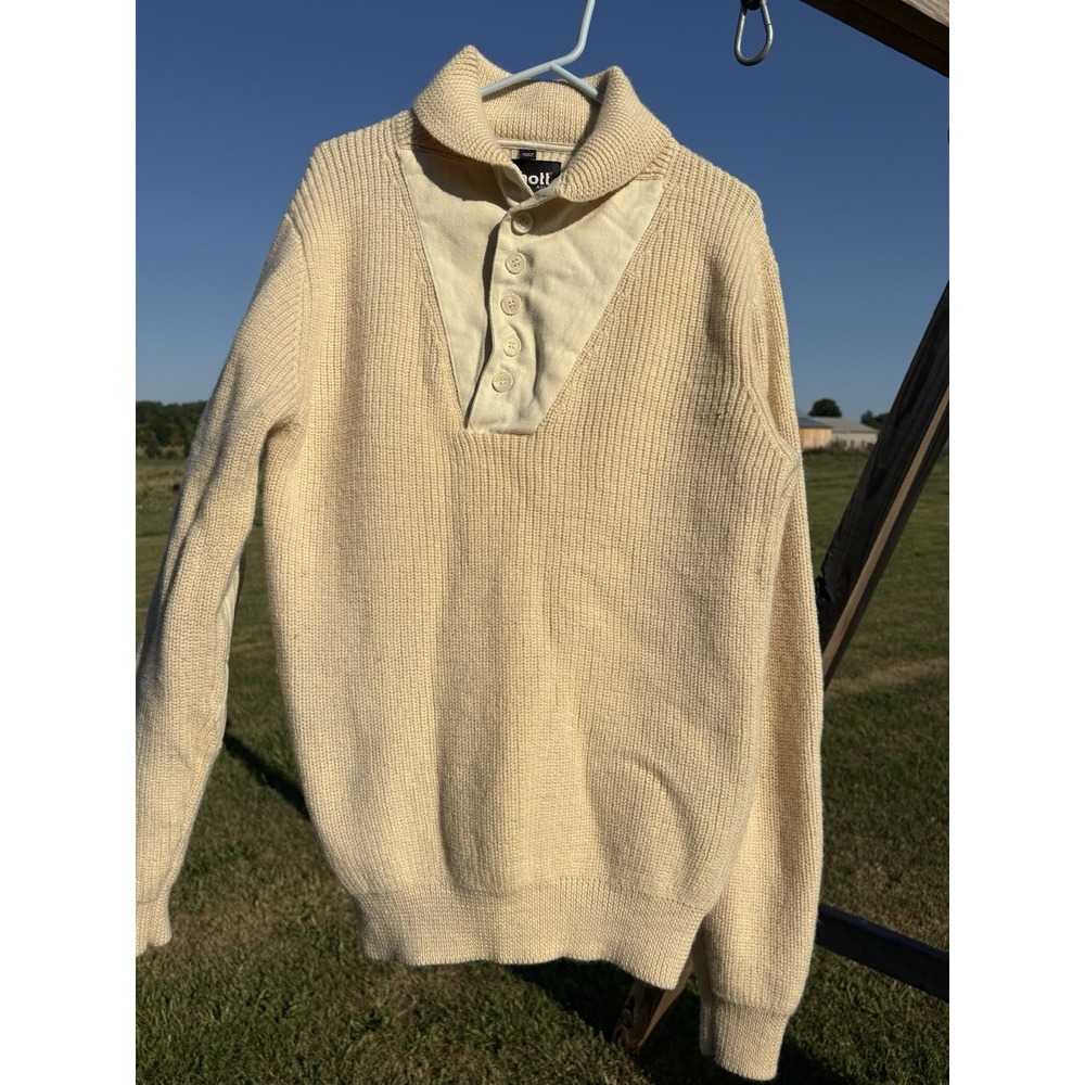 Schott NYC Beige Shawl Collar Button Wool/Nylon Pullover Sweater M Elbow Patches